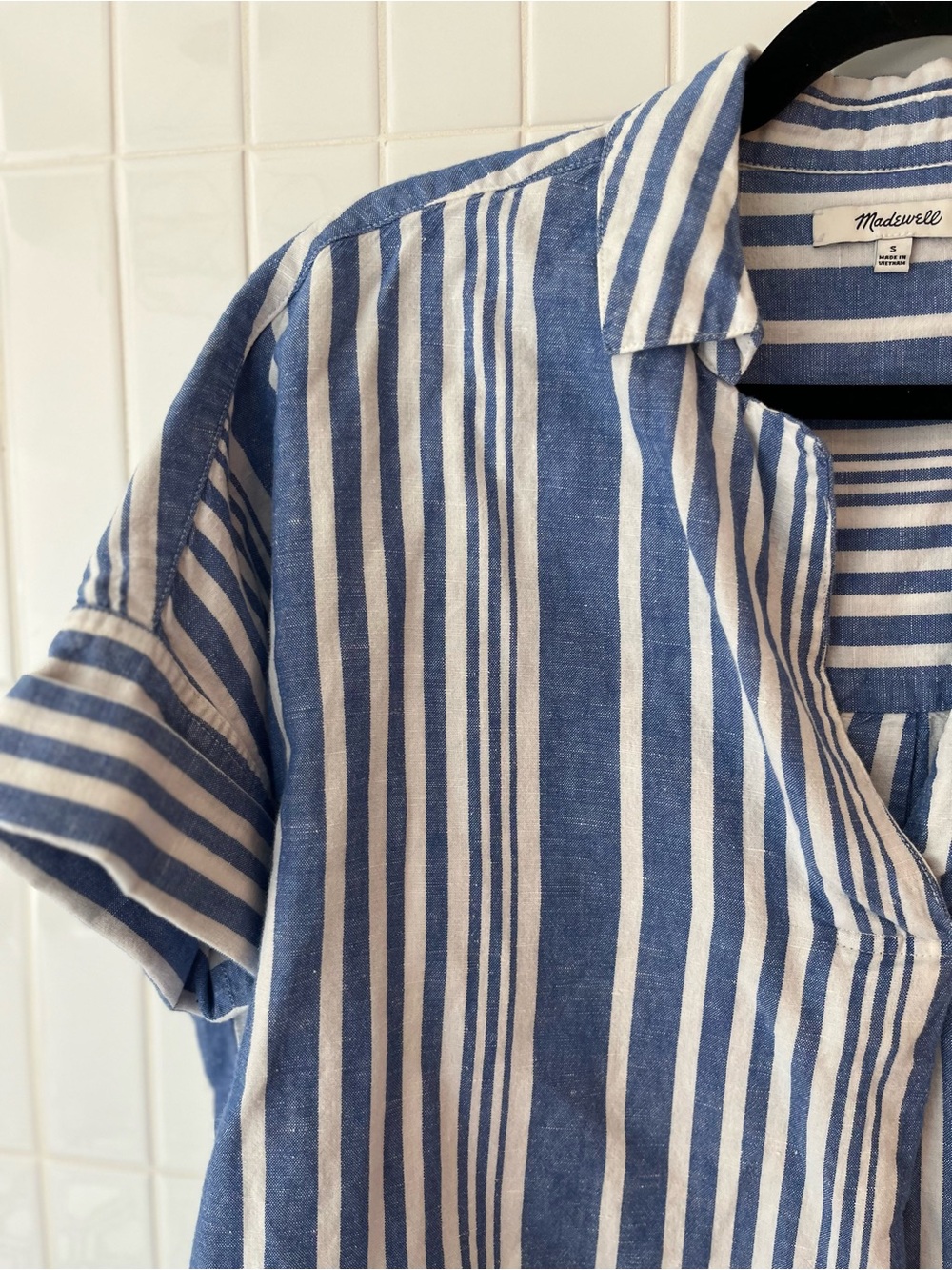 Madewell Striped Linen Cotton Popover Shirt Blue White Short Sleeve Button Back - Picture 2 of 5